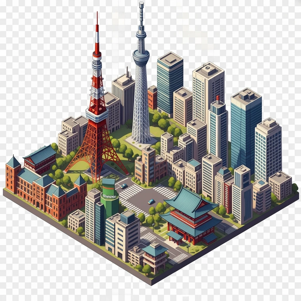 Isometric illustration of Tokyo,  detailed miniature cityscape with its most iconic landmarks and urban views, hand-drawn painterly style, slightly stylized but recognizable architecture, balanced colors, subtle 3D miniature effect, no cartoonish look, transparent background. emoji