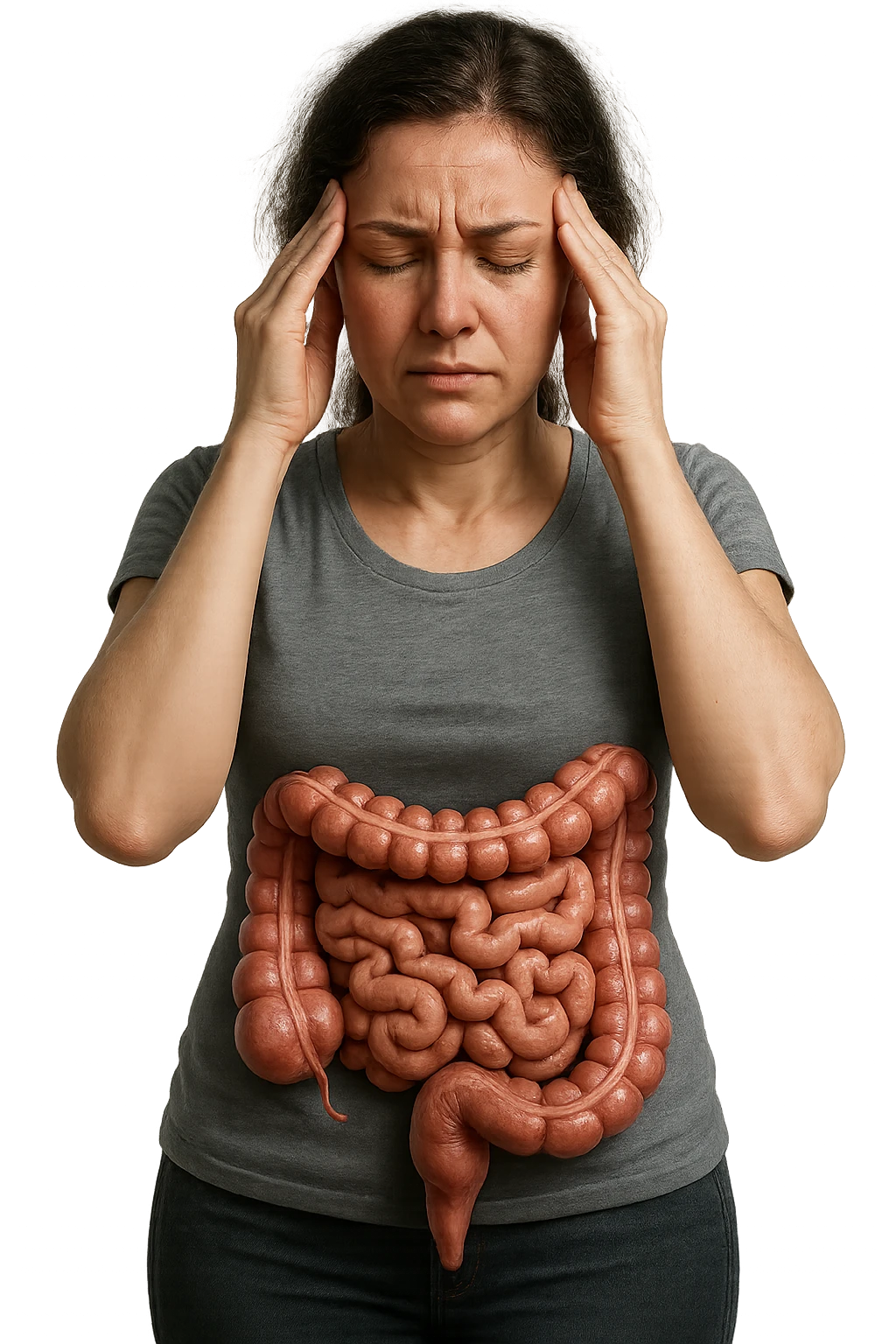 donna con  espressione ansiosa che si tocca le tempie con gli occhi chiusi, intestino anatomico visibile, iperrealistiche 4k emoji