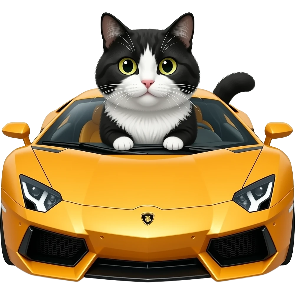 A fluffy black and white cat in a Lamborghini emoji