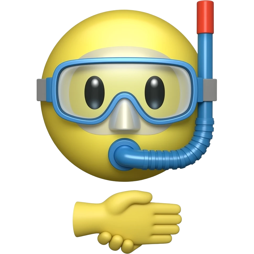 A regular yellow circle face emoji but it has scuba goggles and snorkeling gear on its face only the face and it has a handout placed horizontally, like reaching out for a handshake emoji