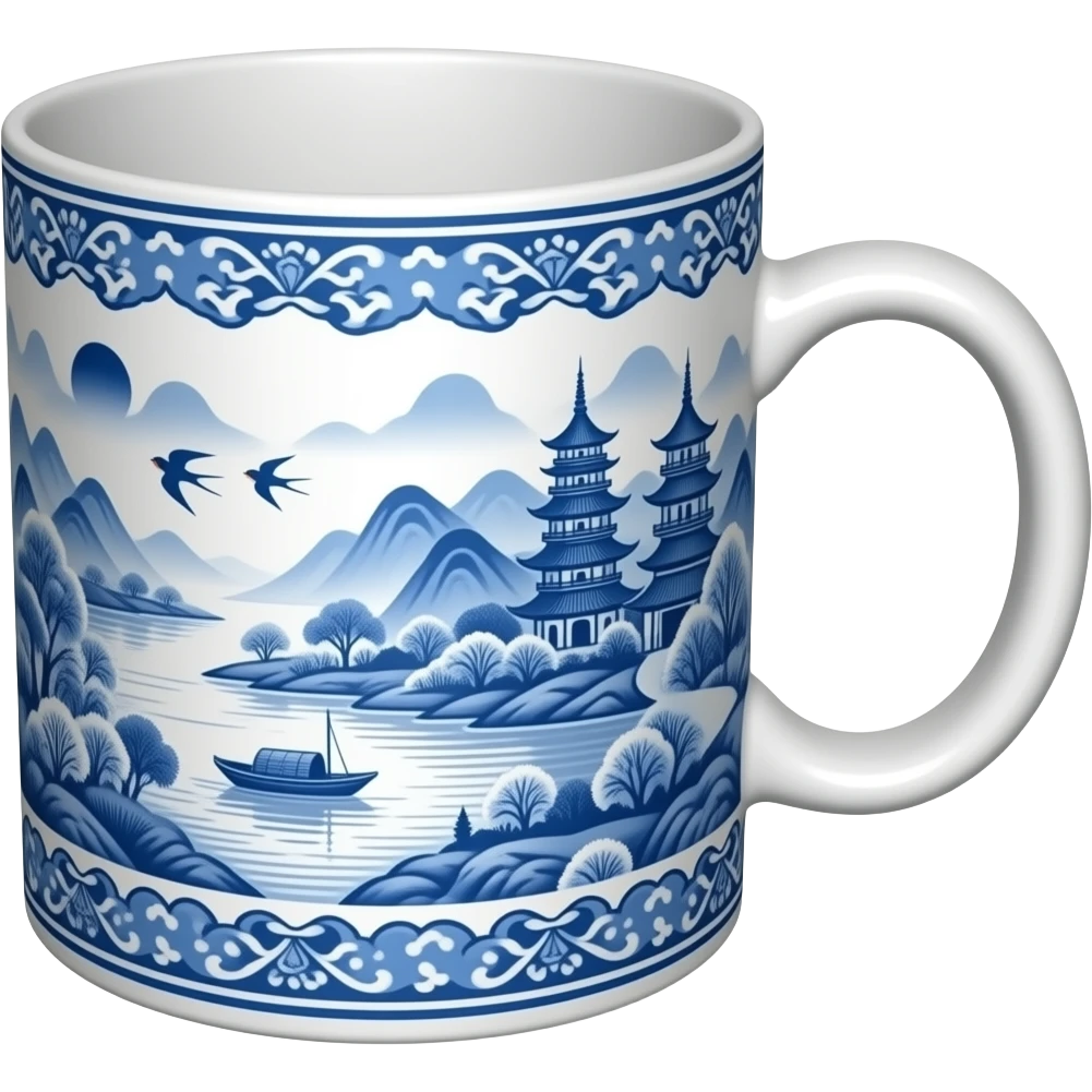 chinoiserie blue willow china pattern mug with a boat, pagodas and two swallows emoji