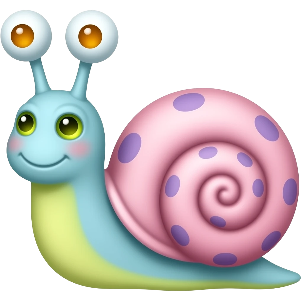 Gary the snale,  eyes on the top of his antenna with the colors being dull light blue for the body and light yellow green at the bottom. eyes are also light yellow green with orange pupils. shell is light pink with dull purple spots emoji