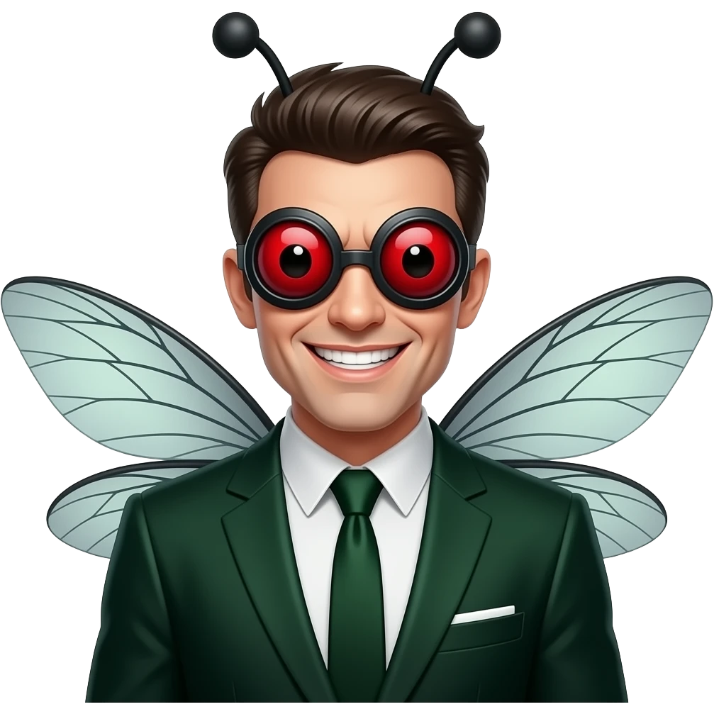 Man in creepy fly costume emoji, red compound eye goggles, dark green/black suit, tiny hairs, wings behind head, evil grin, glossy emoji style, centered, clean background emoji
