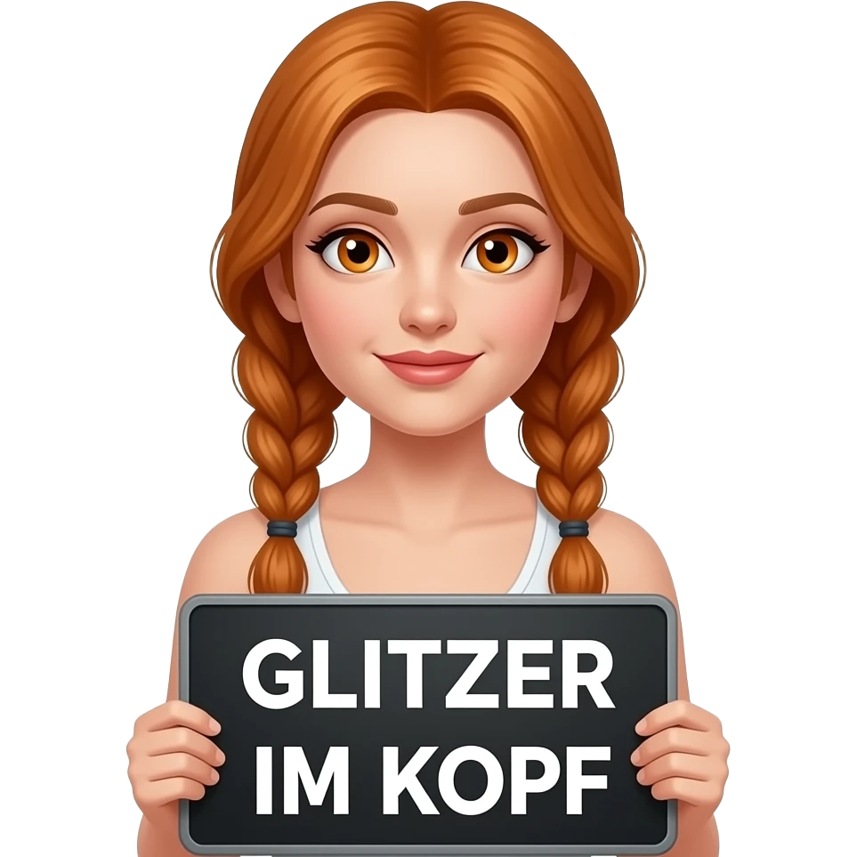 sexy girl with long ginger braids and ginger eyes wearing a white tanktop is holding a black sign with GLITZER IM KOPF written on it emoji