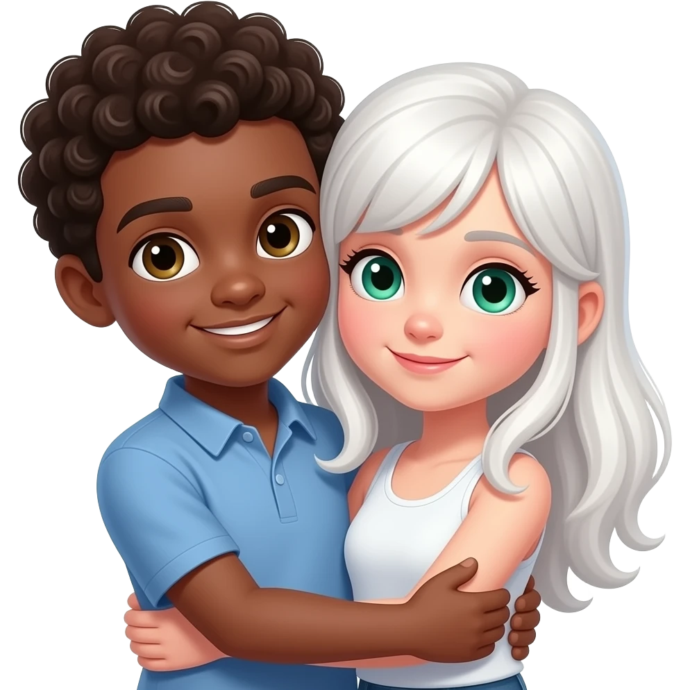 Pareja niñoabrasados moreno y niña ojos verdes  blanca bonitos abrasados emoji