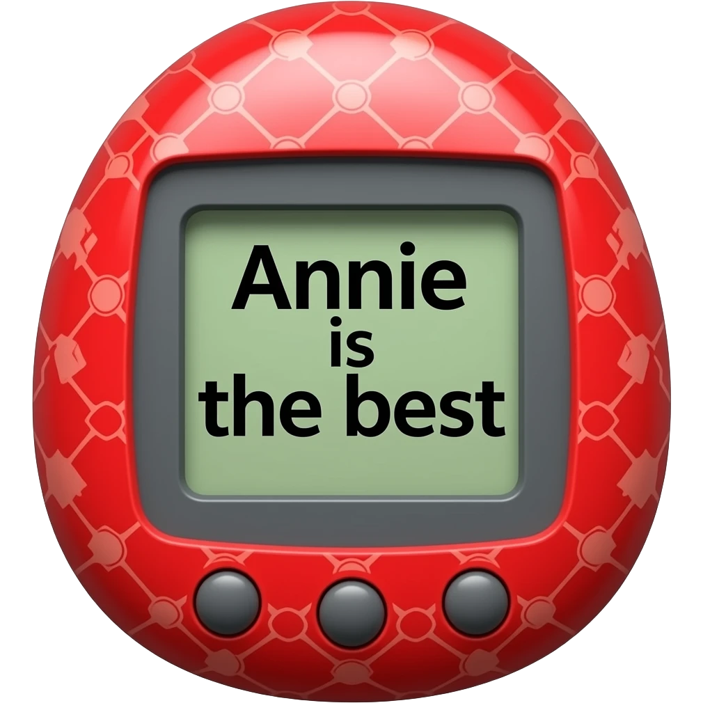 red tamagotchi with pattern outside that says Annie is the best on the screen in black letters and no words on the outside top part emoji