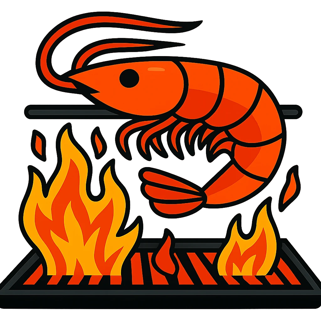 A playful illustration of shrimp grilling over flames with no background, colorful and fun style. emoji