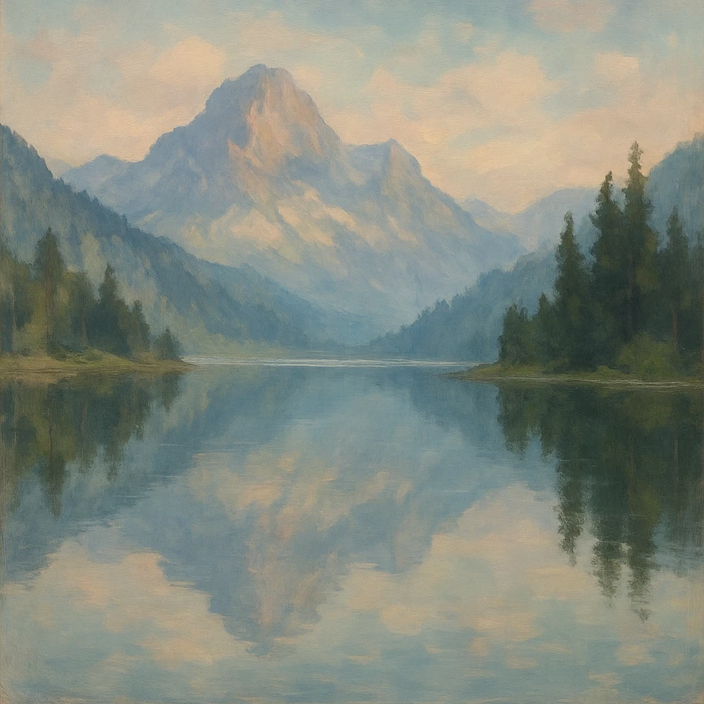 mountain landscape mirrored in a lake with reflection, painterly style, calm atmosphere emoji