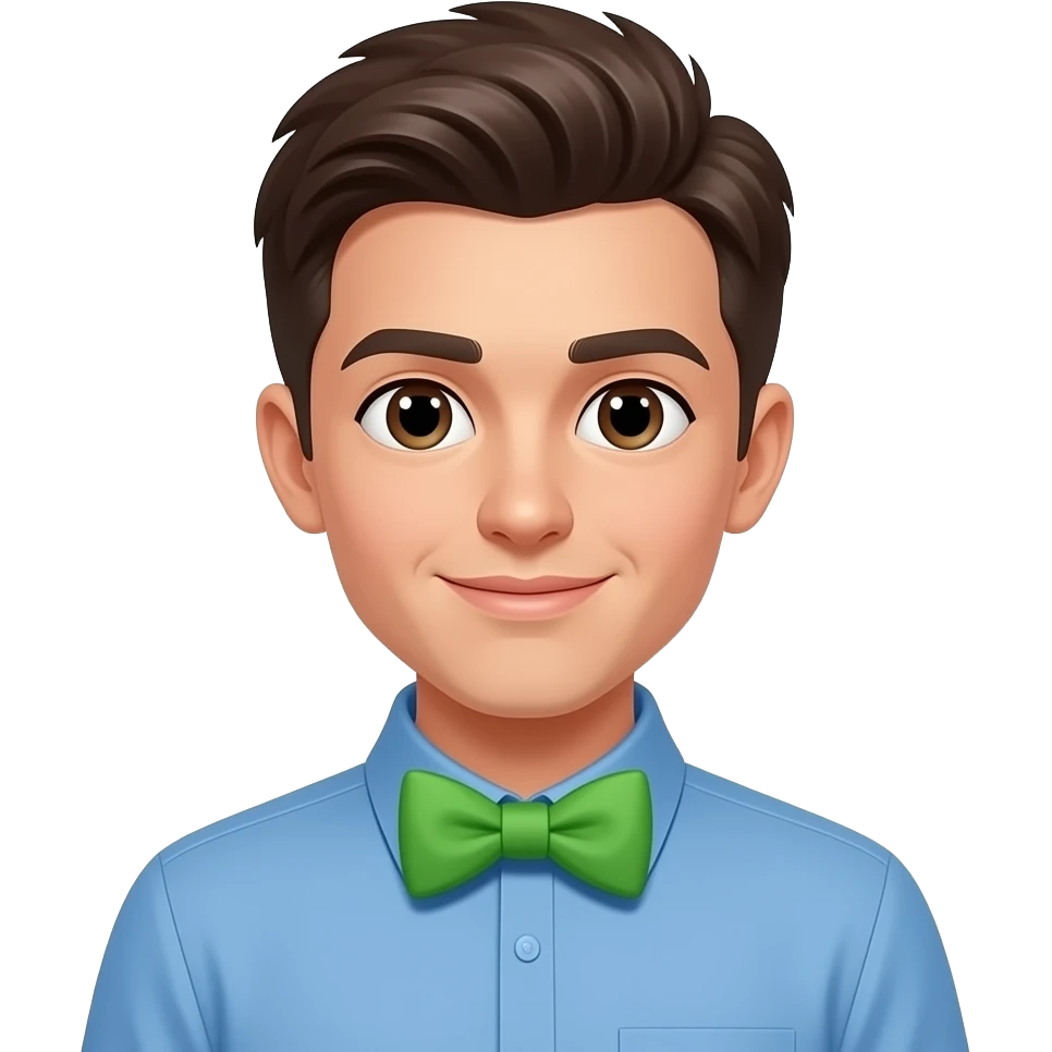 a young man with blue shirt and wear vibrant green bow tie emoji
