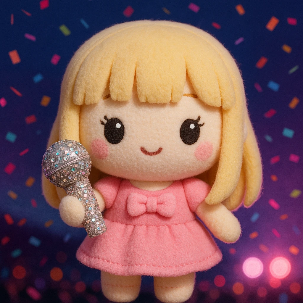 Pretty and girly Blonde pop star with bangs, holding a bedazzled microphone, reimagined as a soft kawaii plushie doll, with a nighttime concert backdrop with colorful confetti emoji