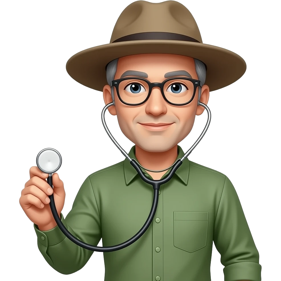 olive green long sleeved shirt grey hair clean shaven glasses widebrimmed hat holding stethoscope left handed emoji