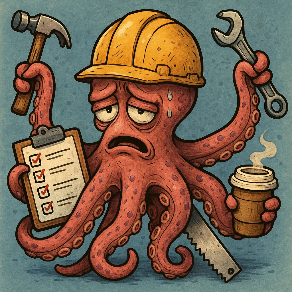 An overwhelmed construction worker with an octopus body, helmet on head, tired expression. Tentacles grasp a hammer, checklist, wrench, saw, and coffee, emphasizing multitasking and stress, detailed and colorful cartoon style. emoji
