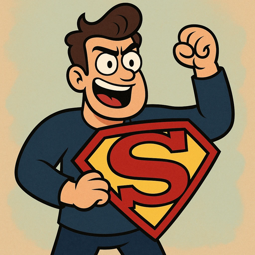 cartoon character holding shield shaped like S inspired by Superman logo, bright colors, representing Sauvenière emoji