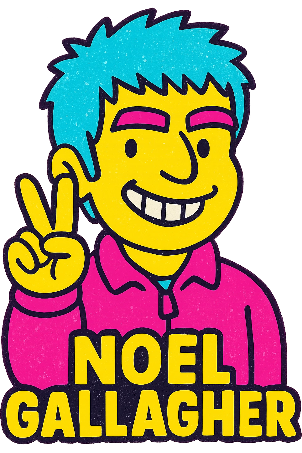 Noel Gallagher with a cheeky grin, holding up two fingers, pop art style emoji