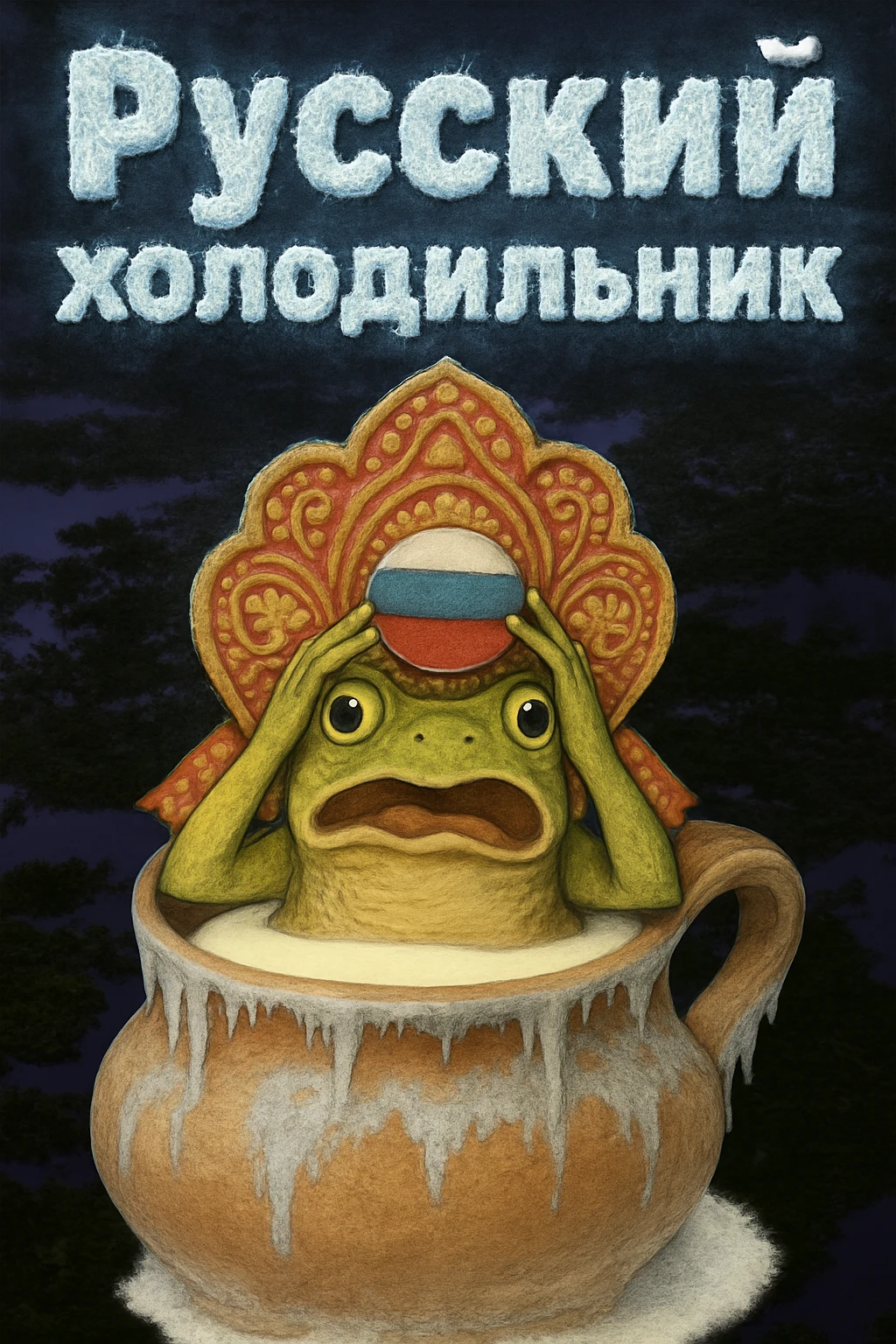 Сделай надпись Русский холодильник строго как на картинке в 2 строки, чтобы она была покрыто чуть льдом и инеем, но читалась emoji
