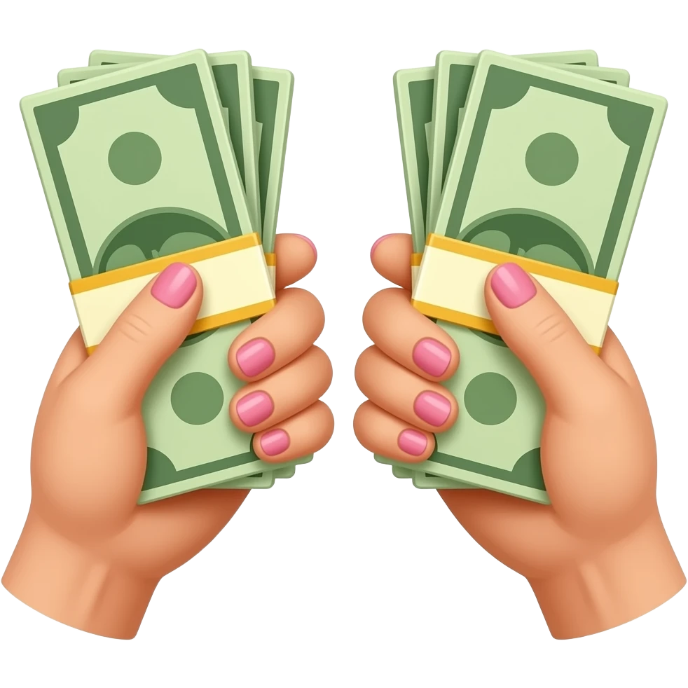 Two stacks of bills, the hands of two girls with pink nail polish, fair hands emoji