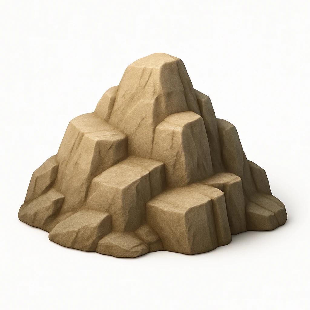 A 3D emoji in iOS emoji aesthetic style of a rocky hilltop with visible stone textures and rugged edges, small cliffs and uneven slopes, sunlight casting soft shadows on the rocks, realistic yet minimal Apple-style design, clean white background.

 emoji