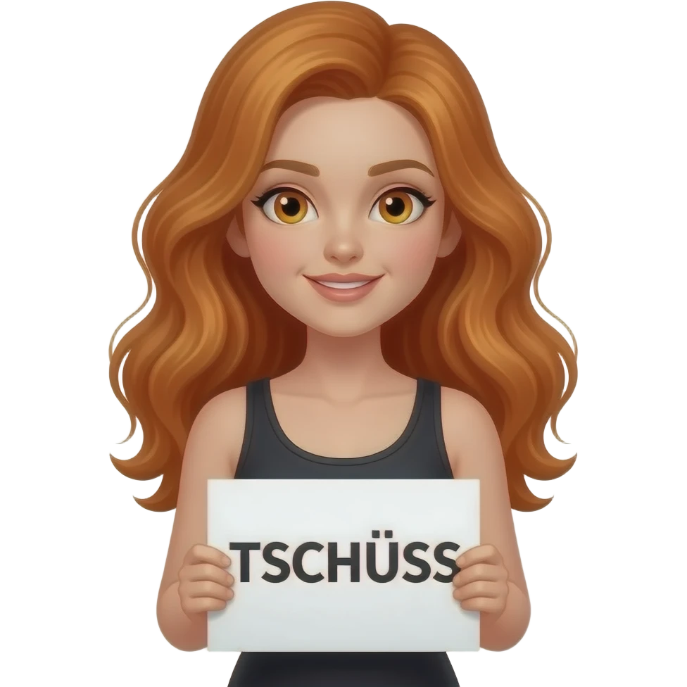 sexy girl with long wavy ginger hair and ginger eyes wearing a black tanktop is holding a white colored sign with TSCHÜSS written on it emoji