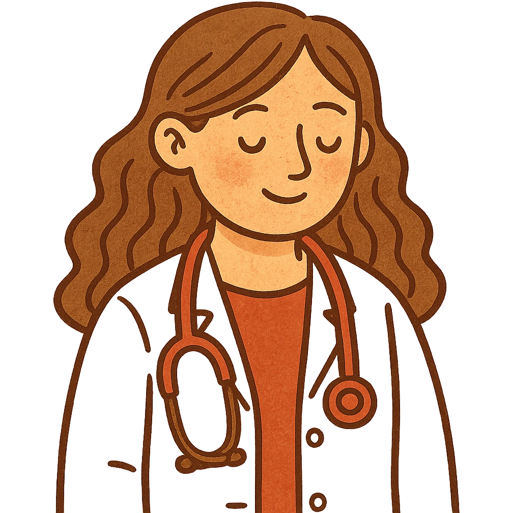 white-skinned female doctor with long wavy brown hair, wearing a white coat, red shirt underneath, red stethoscope around neck, colorful flat style emoji