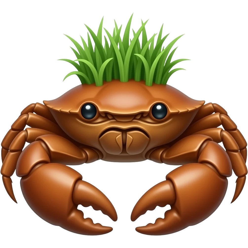 A Brown crab with a  grass on its back facing forward emoji