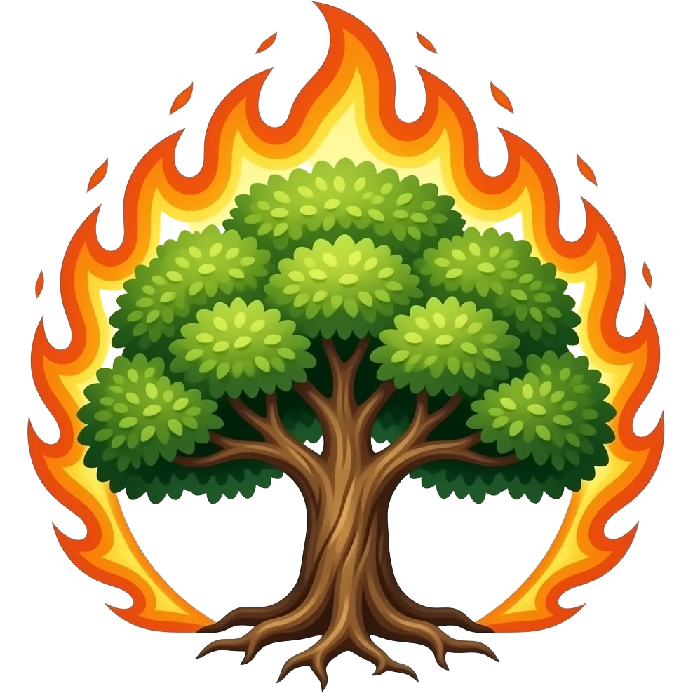 Tree of Life with green leaves emblem, ancient symbol with surrounding fire blazing up on top half emoji