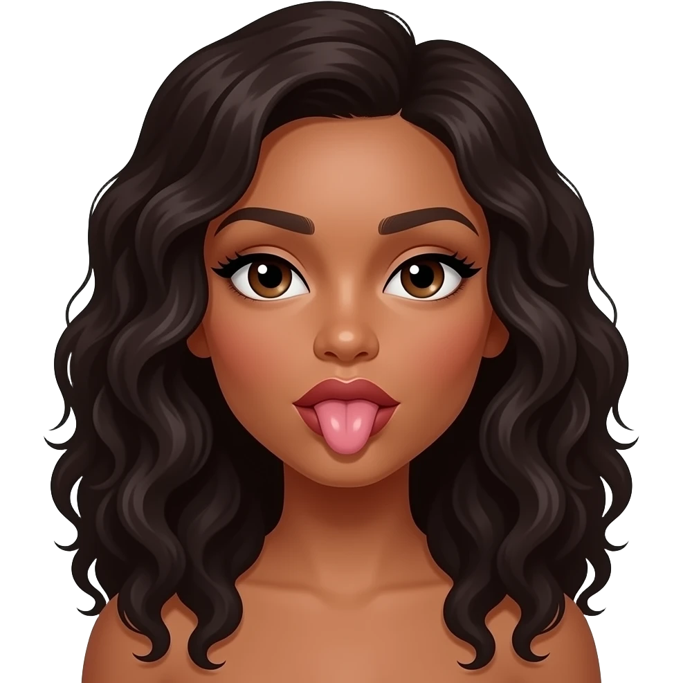A brown woman with dark long curly hair and big lips sucking a penis emoji