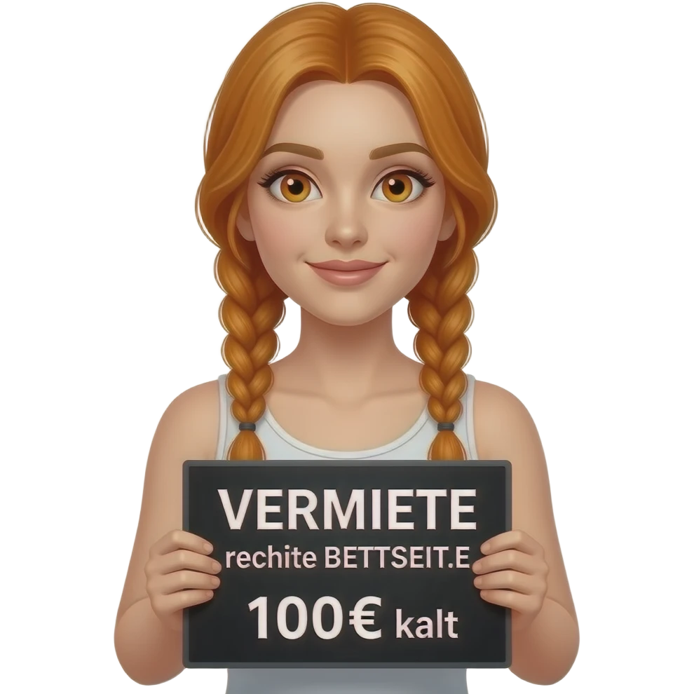 sexy girl with long ginger braids and ginger eyes wearing a white tanktop is holding a black sign with VERMIETE rechte BETTSEIT.E 100€ kalt written on it emoji