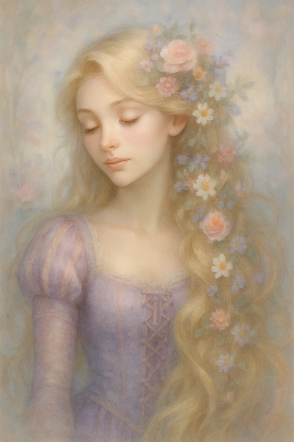 Rapunzel with flowers in her hair, dreamy fantasy style, soft colors, ethereal, beautiful emoji