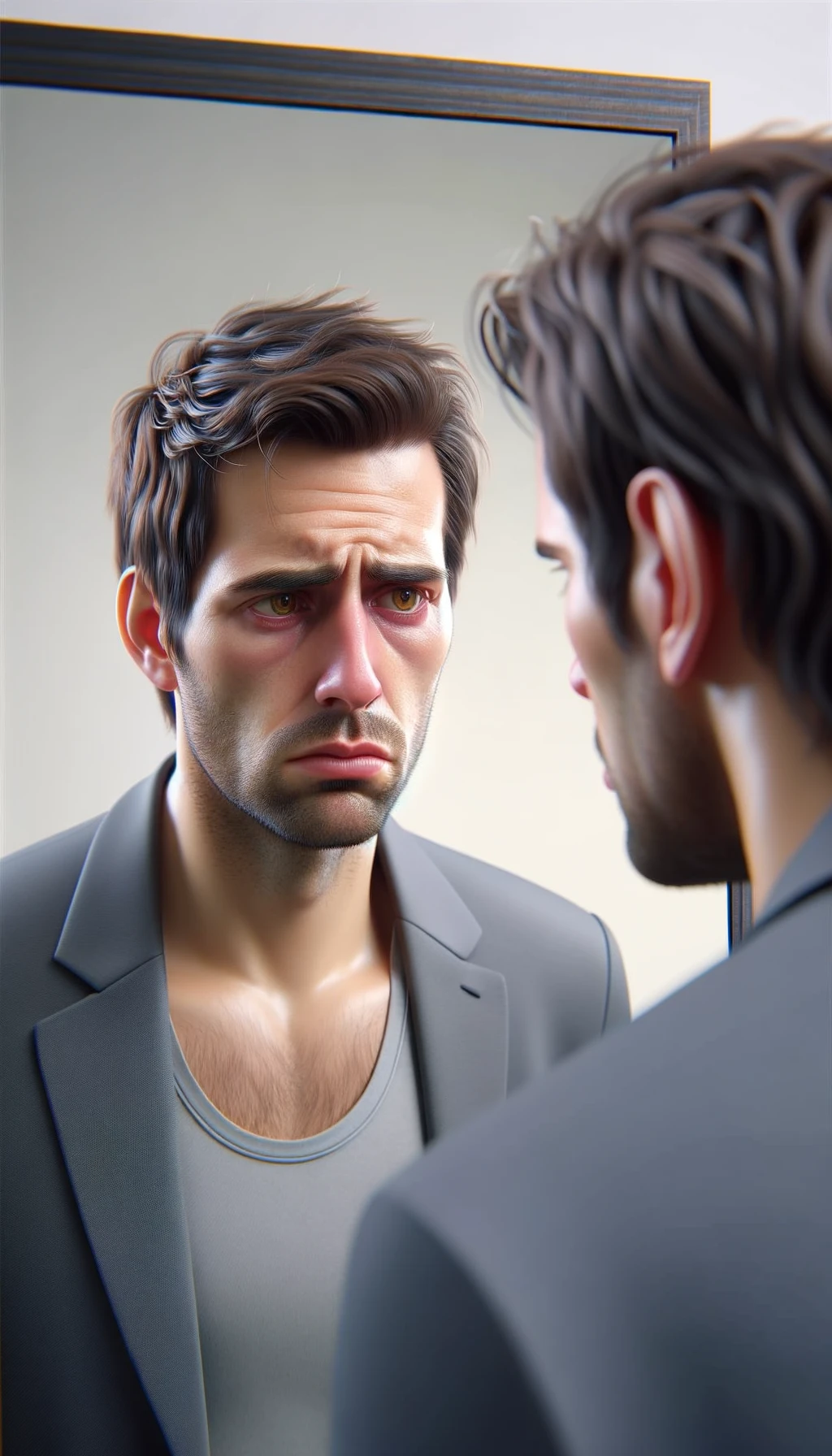 uomo infelice che si guarda allo specchio, iperrealistico 4k, SFONDO CHIARO emoji