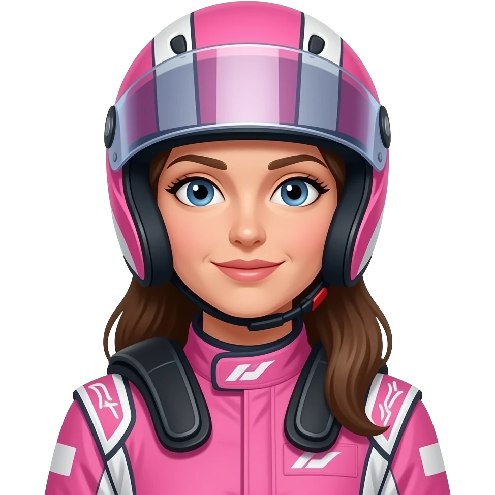 create woman using f1 pink costume and helmet, the woman have long hair in the helmet emoji