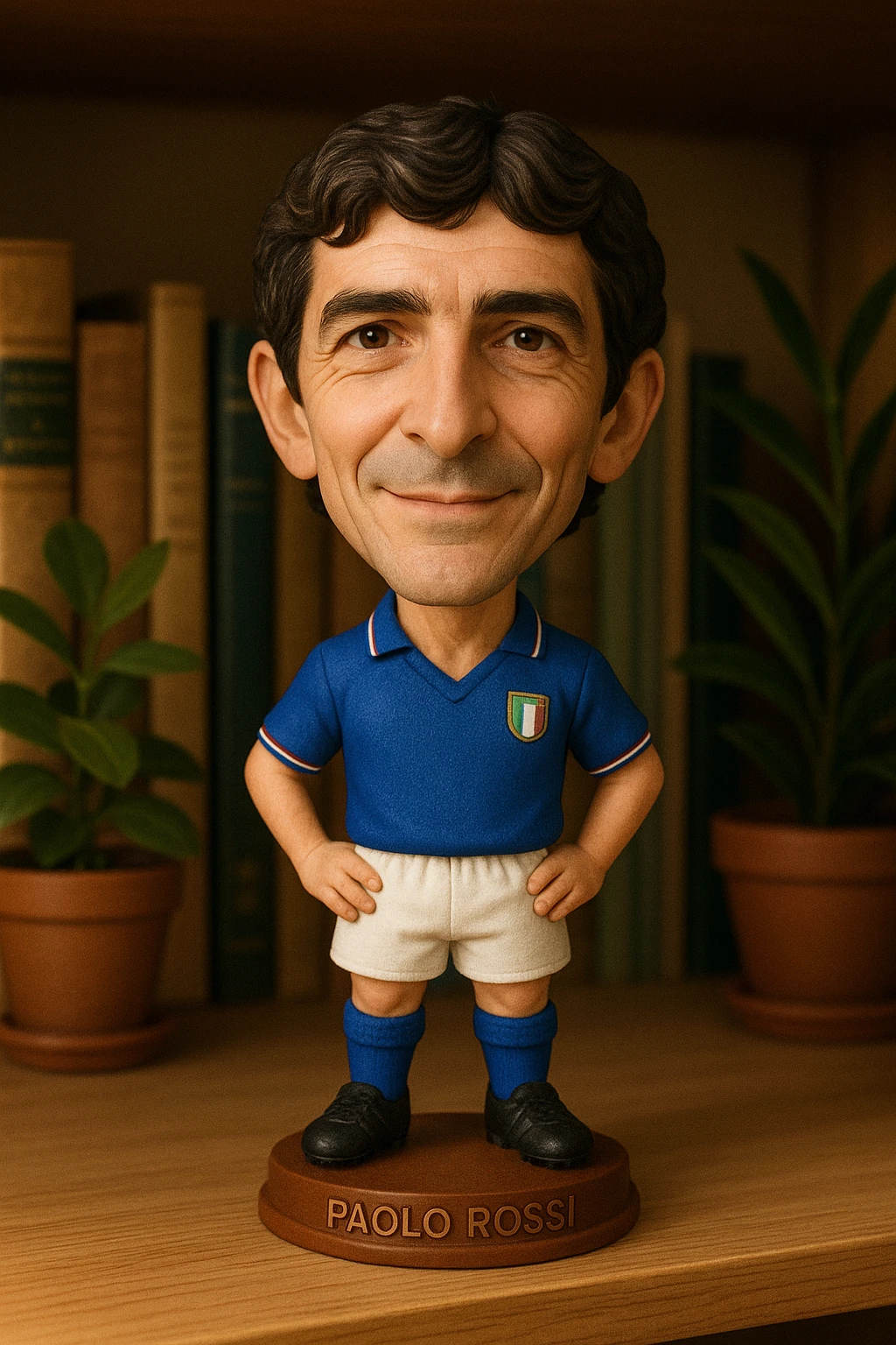 Паоло Росси в форме сборной Италии 1982 смотрит на прямо на зрителя и слегка улыбается, освещение с левой верхней стороны кадра emoji