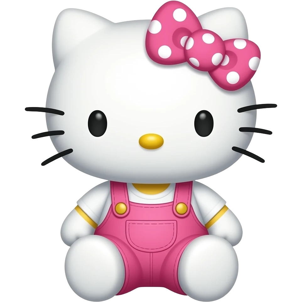 hello kitty sitting down wearing pink with white polka dots overalls and a white shirt with a pink with white polka dots bow emoji