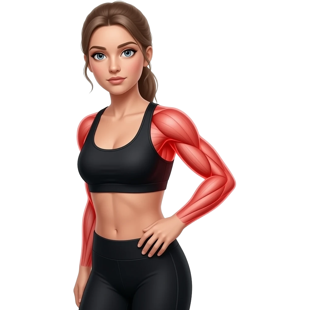 full body, red glow across the entire body, anatomical highlight of major muscles and joints, woman slightly bent and touching her body, fair-skinned woman, gray-blue eyes, ash brown brows, ash light brown hair tied back, slim athletic body, black workout set emoji