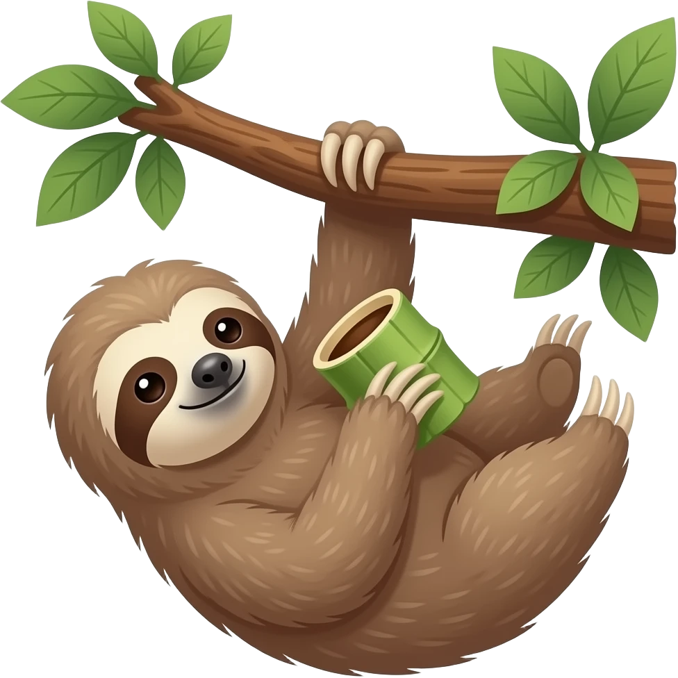 hanging sloth on big jungle tree branch drink coffee bamboo cup hanging emoji