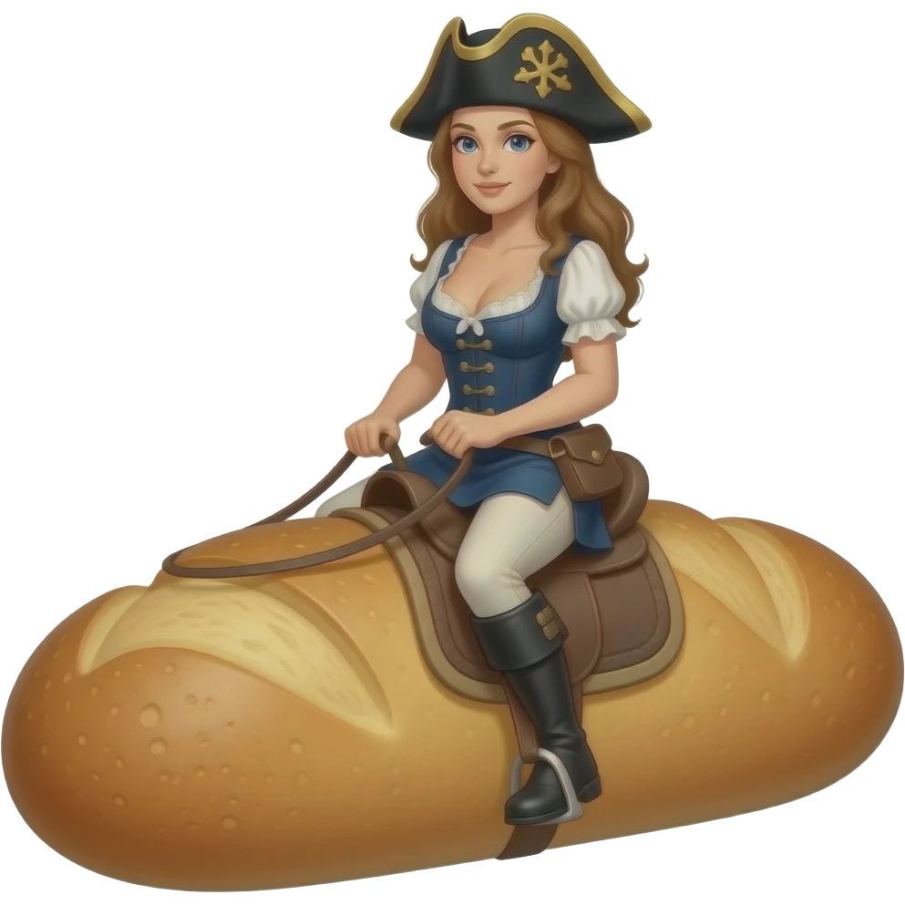 wild historical French Mariana in a tight corset with a large open neckline, with a rebel Jacobin cap riding a large French bread emoji