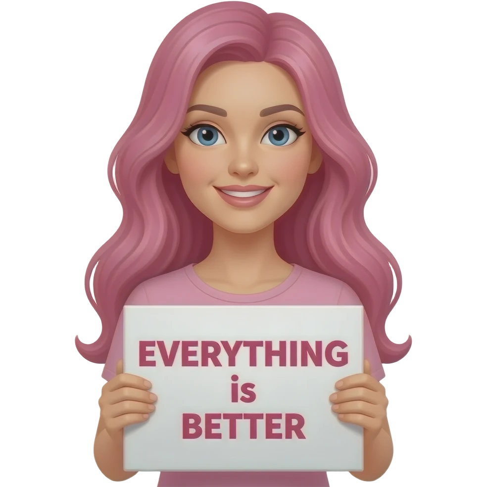 sexy girl with long pink hair holding a EVERYTHING is BETTER in P!NK sign emoji