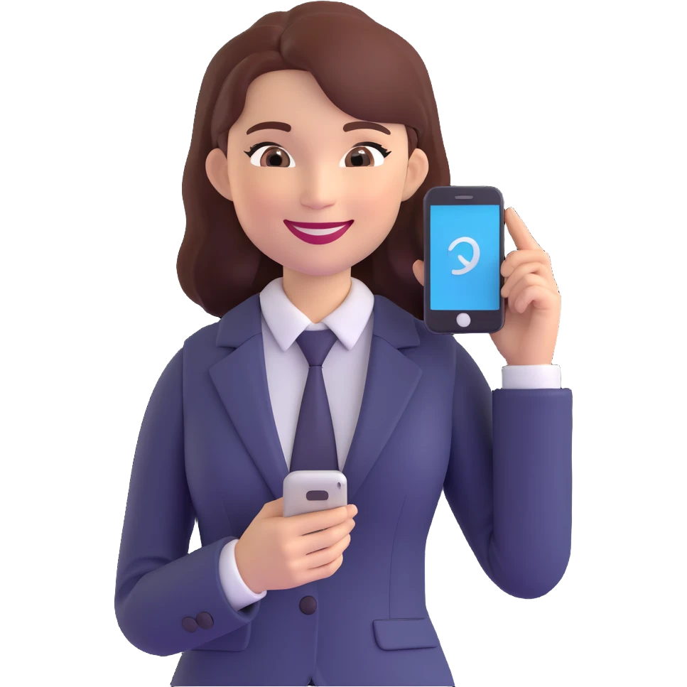 3D illustration of a professional woman standing and using a phone, smiling, business attire, confident and approachable emoji