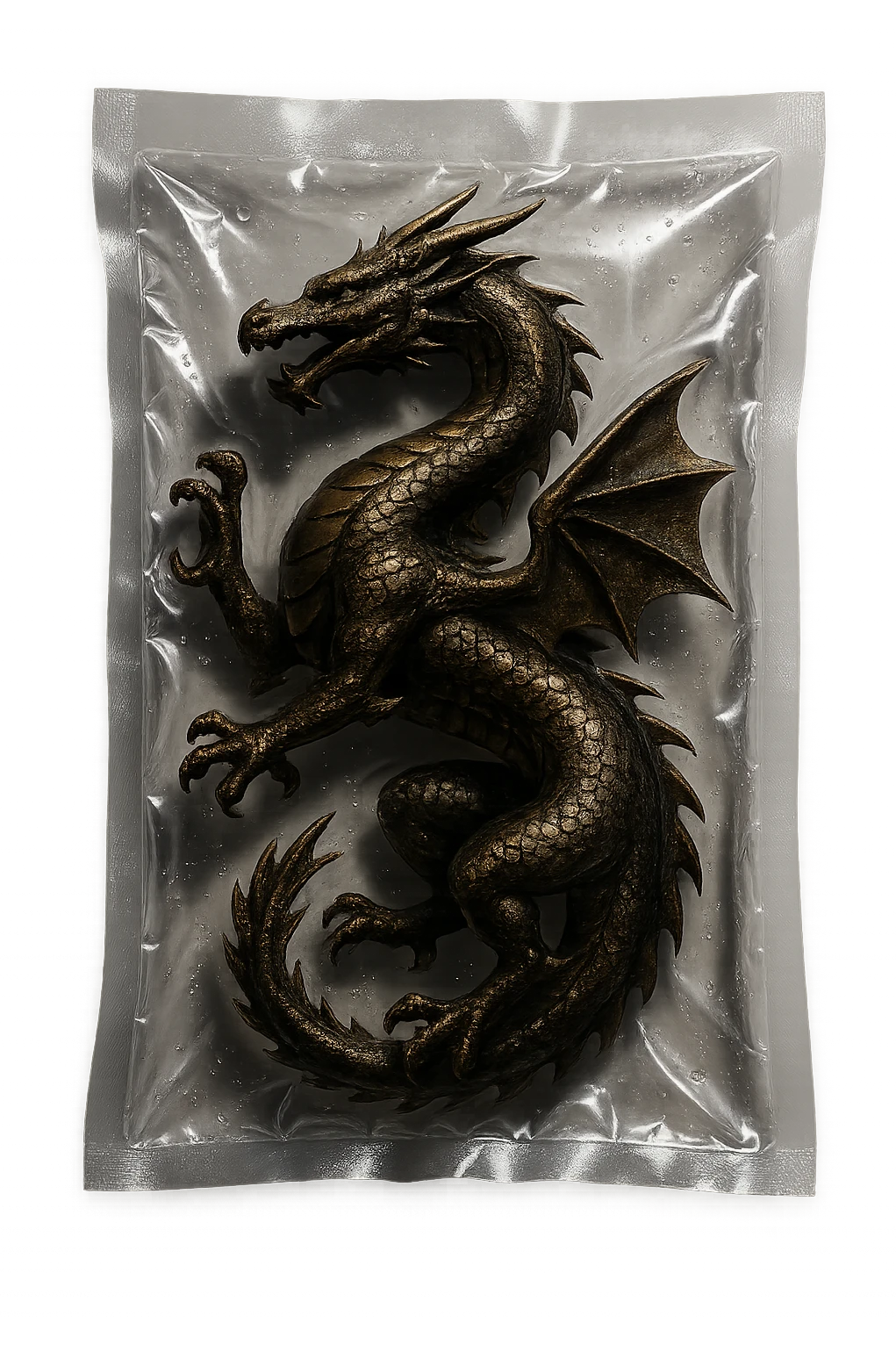 vacuum sealed style dragon, elegant and slender, shiny plastic, no text emoji