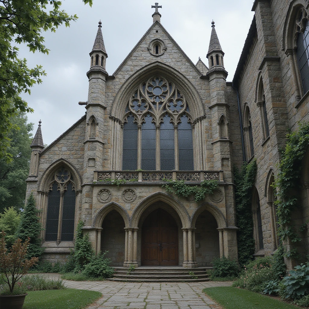 medieval temple, realistic style, gothic architecture, aged stone, stained glass, imposing appearance emoji