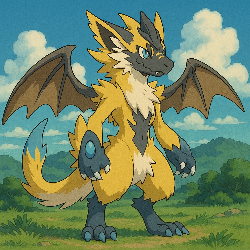 Sergal-Protogen-Trico-Zeraora-Vernid-fusion-hybrid-creature, drawn in a Pokémon/Digimon style emoji