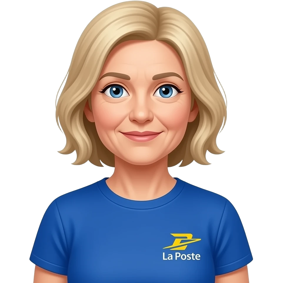 old lady, short blond hair shoulder, blue eyes, blue tshirt with yellow logo "la poste" emoji