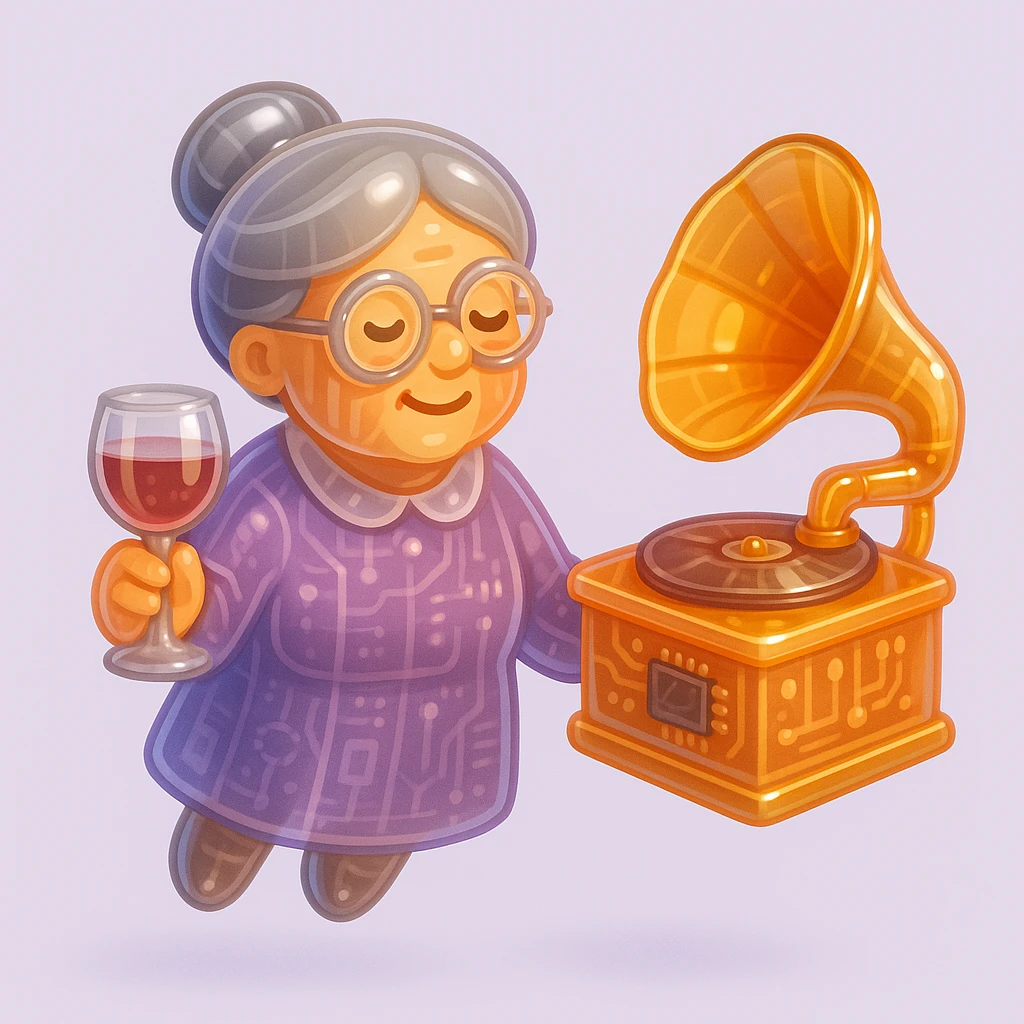 old lady with wineglass listening to gramophone emoji