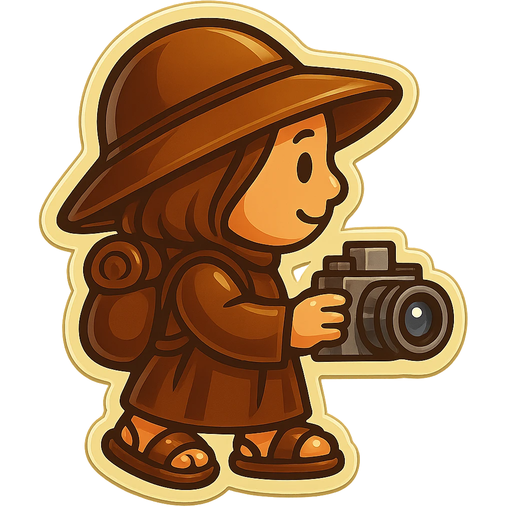 Add visible sandals to the small, funny medieval pilgrim holding a camera, ensuring the sandals match the retro stickers style. Keep the background transparent as in the original. emoji