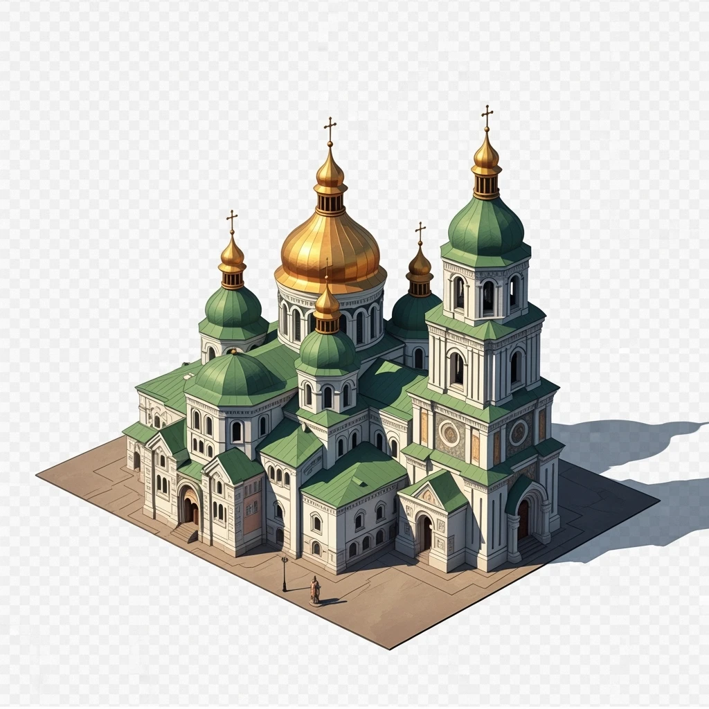 Isometric illustration of photorealistic Saint Sophia Cathedral in Kyiv, balanced between paint stylized and realistic, 3D miniature effect, transparent background. emoji