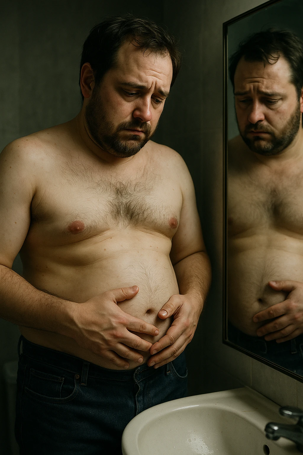 uomo che si guarda allo specchio triste mentre si tocca la pancia, pensieroso, iperrealistico 4k emoji