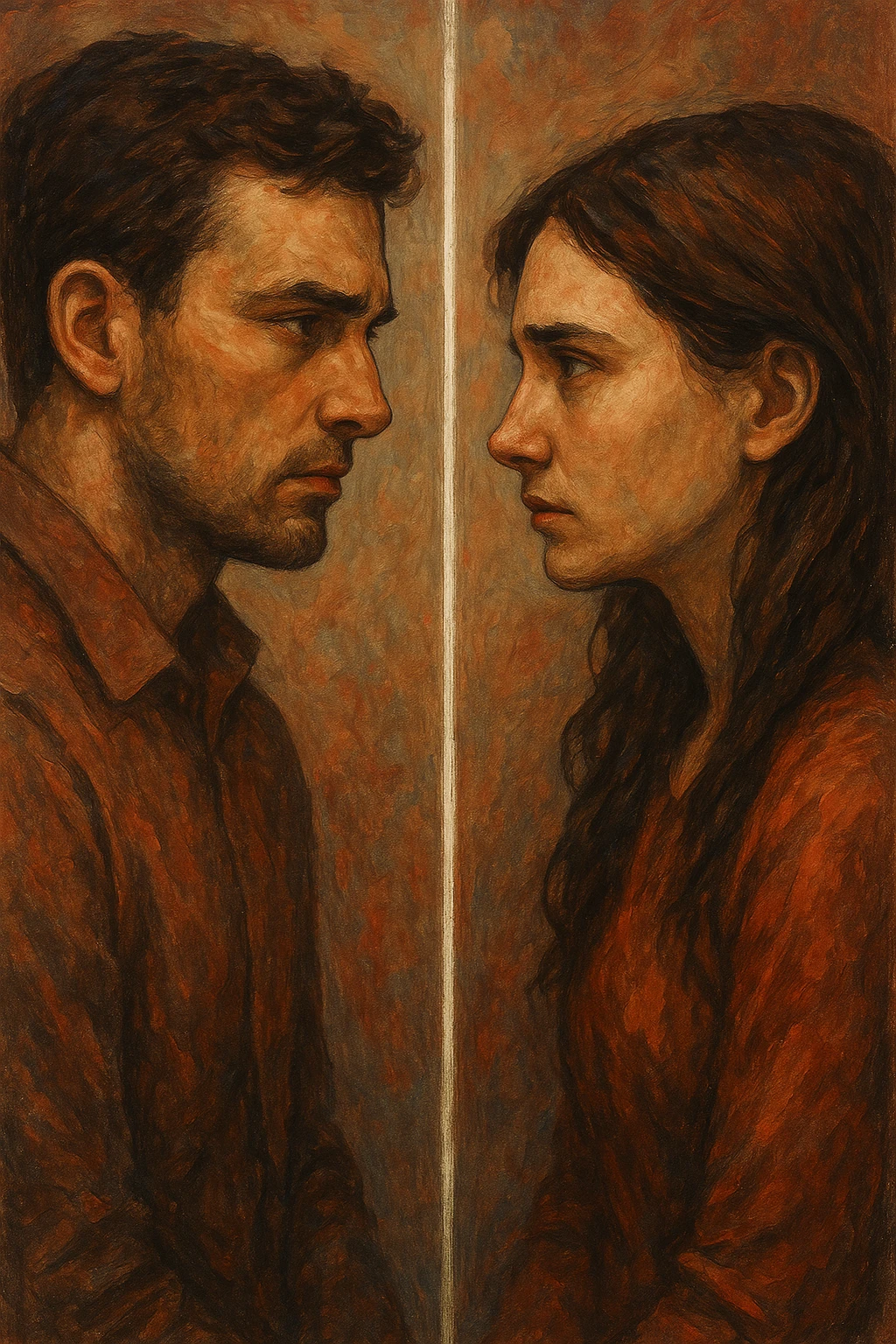 Vertical format: couple looking into each other's eyes with serious expressions, a thin line between them symbolizing emotional distance, both seem eager to overcome it, emotional and symbolic emoji