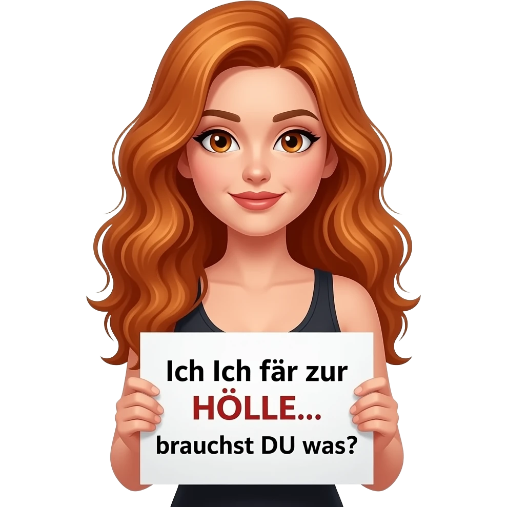 sexy girl with long wavy ginger hair and ginger eyes wearing a black tanktop is holding a white sign with Ich Ich fahr zur HÖLLE... brauchst DU was? written on it emoji