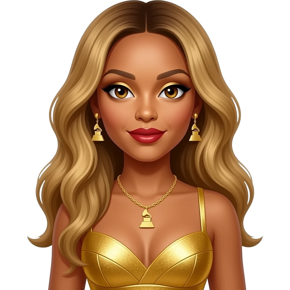 Beyonce from Destiny's Child with hazel eyes, long honey blonde hair, gold eyeshadow, red lipstick, grammy gold dress, necklace and earrings emoji