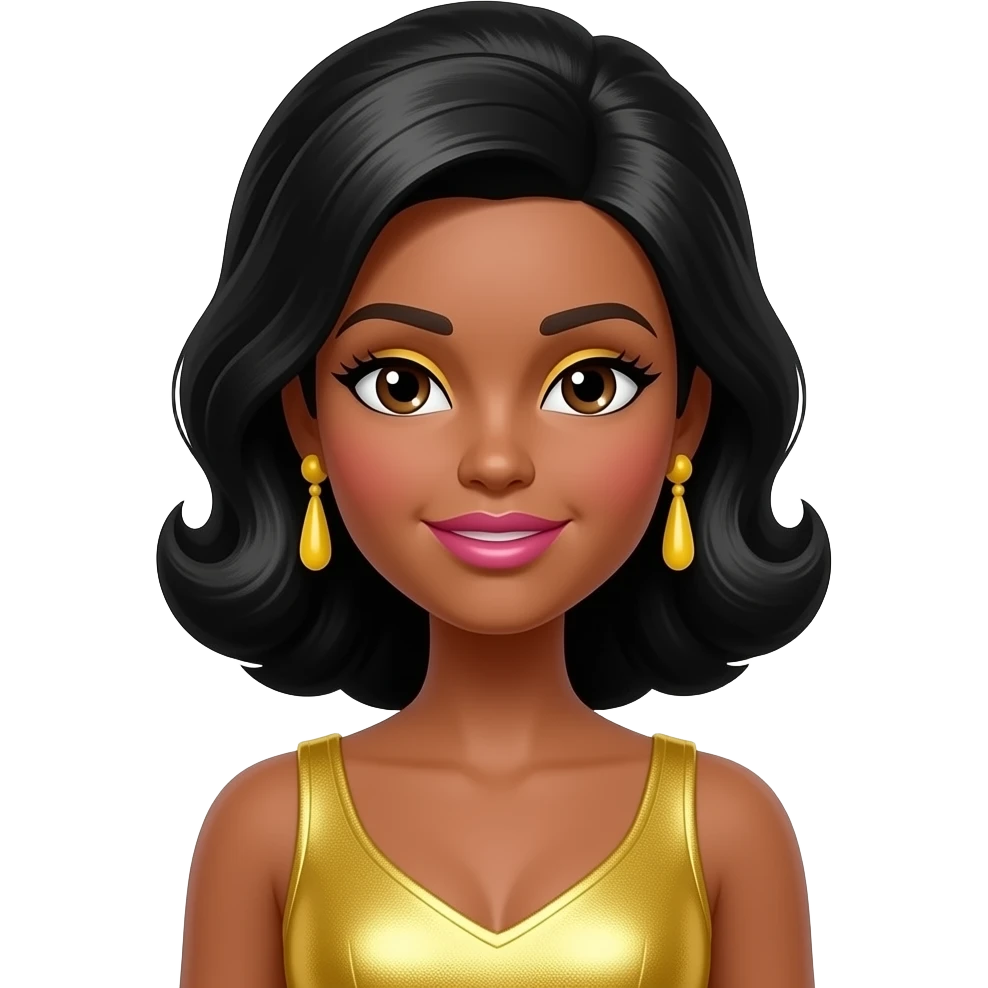 Christie from Barbie and Friends with dark brown eyes, black beehive hair, yellow eyeshadow, pink lipstick, yellow metallic dress, yellow earrings emoji