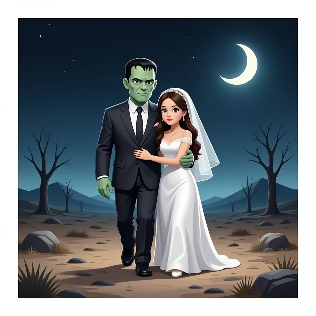 Frankenstein Monster hugs his bride while walking through a desolate night landscape emoji